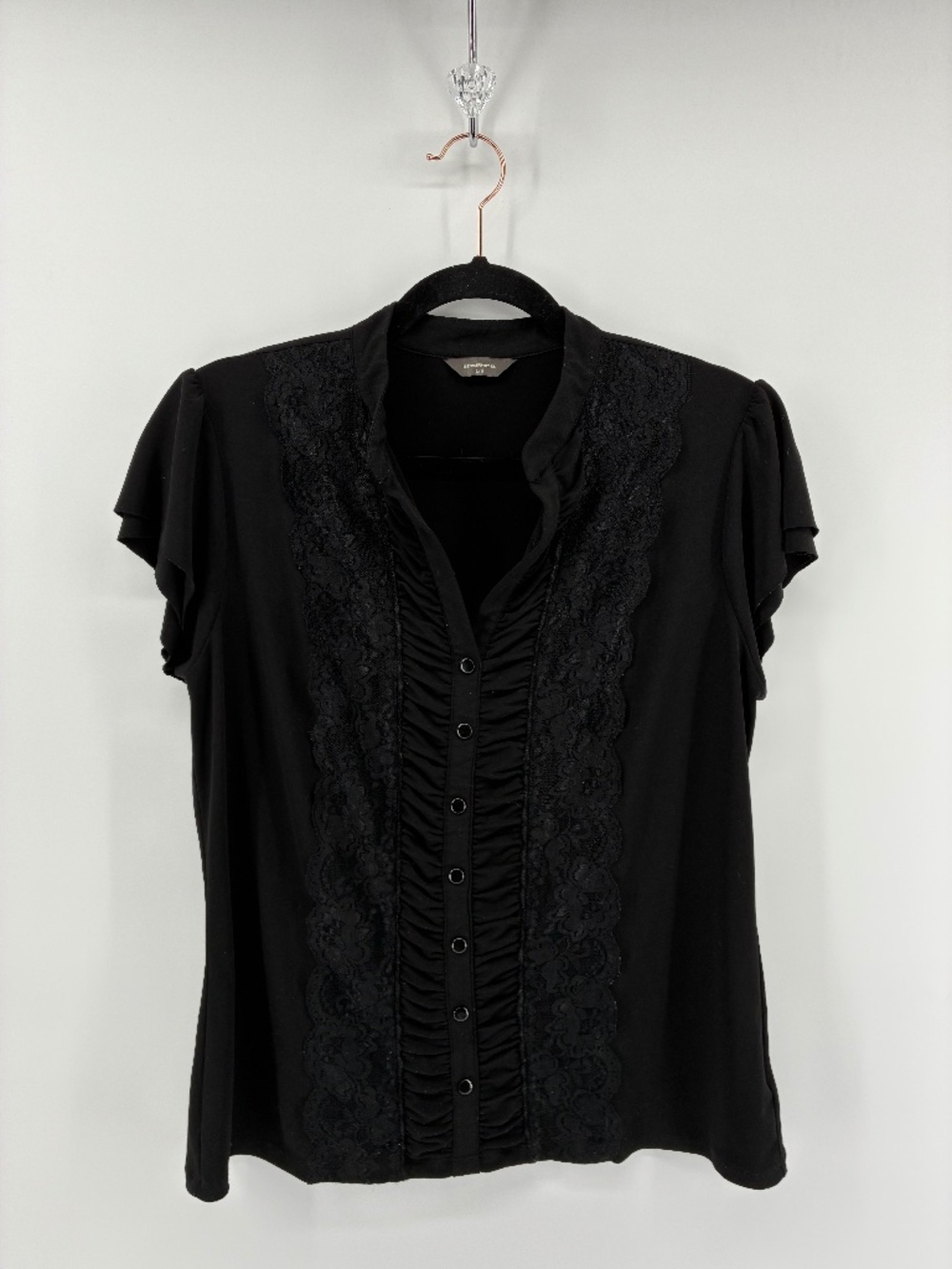 Black Ruffled Lace-Trim Women's Button Front Top
